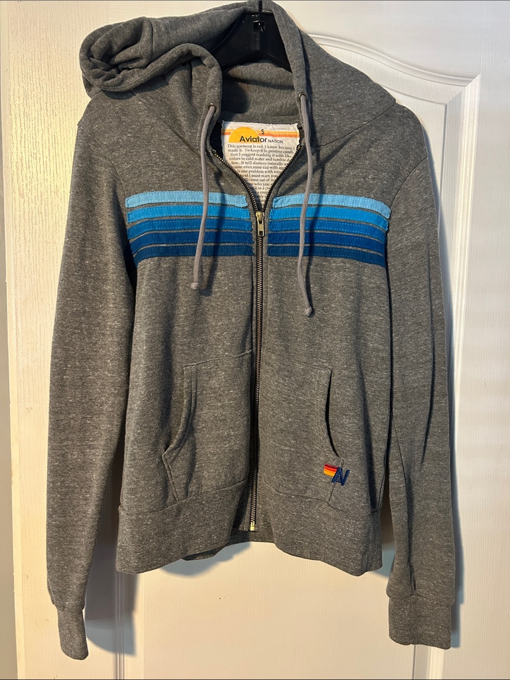 Aviator Nation 5 Stripe Hoodie in Heather Grey and Blue Small